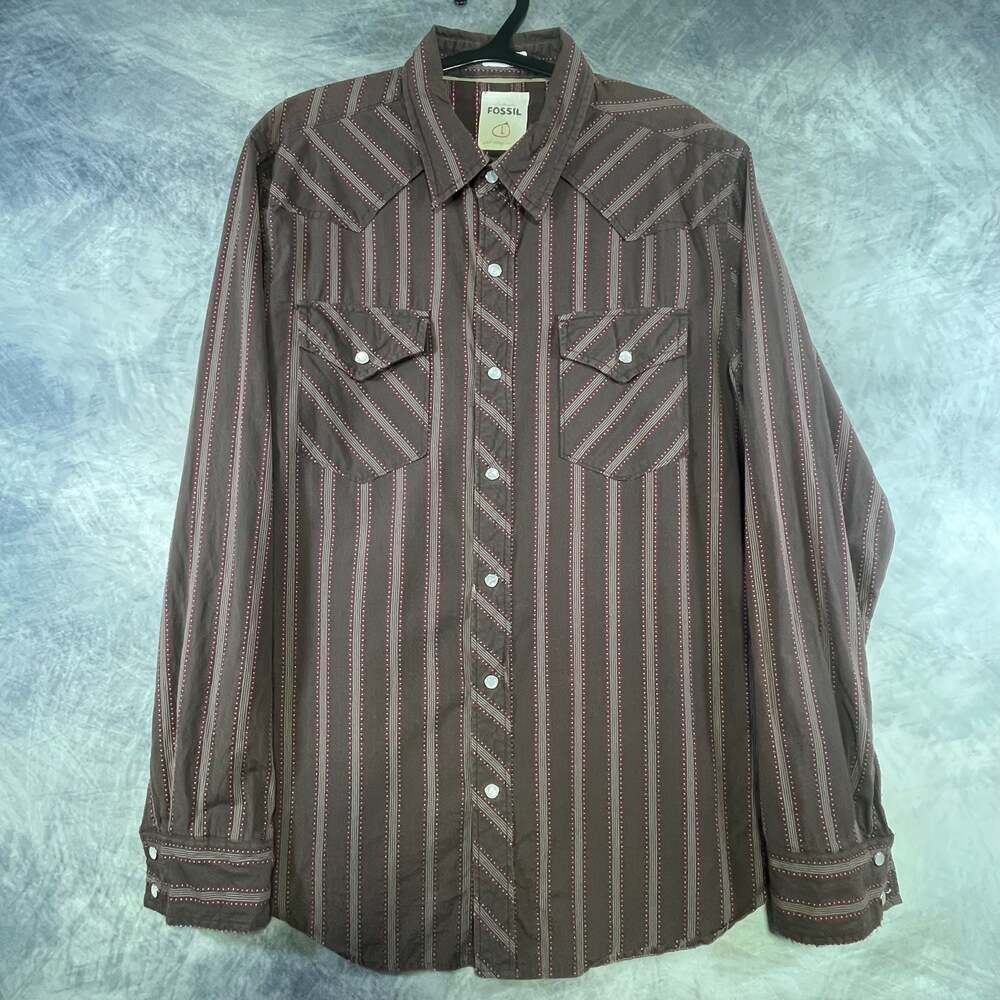 Fossil Brown Striped Long Sleeve Western Button Down Shirt Mens Size L